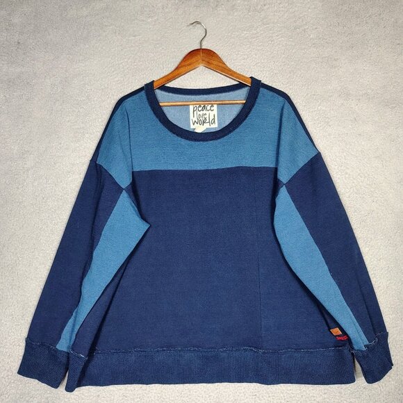 Peace Love World Sweatshirt Womens 2X Blue Colorblock Knit Long Sleeve Oversized - Picture 1 of 11